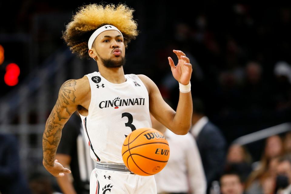 Cincinnati Bearcats guard Mike Saunders steps down court after a called foul in the first half of an NCAA men's basketball game against the Tennessee Tech Golden Eagles at Fifth Third Arena in Cincinnati on Tuesday, Dec. 21, 2021.