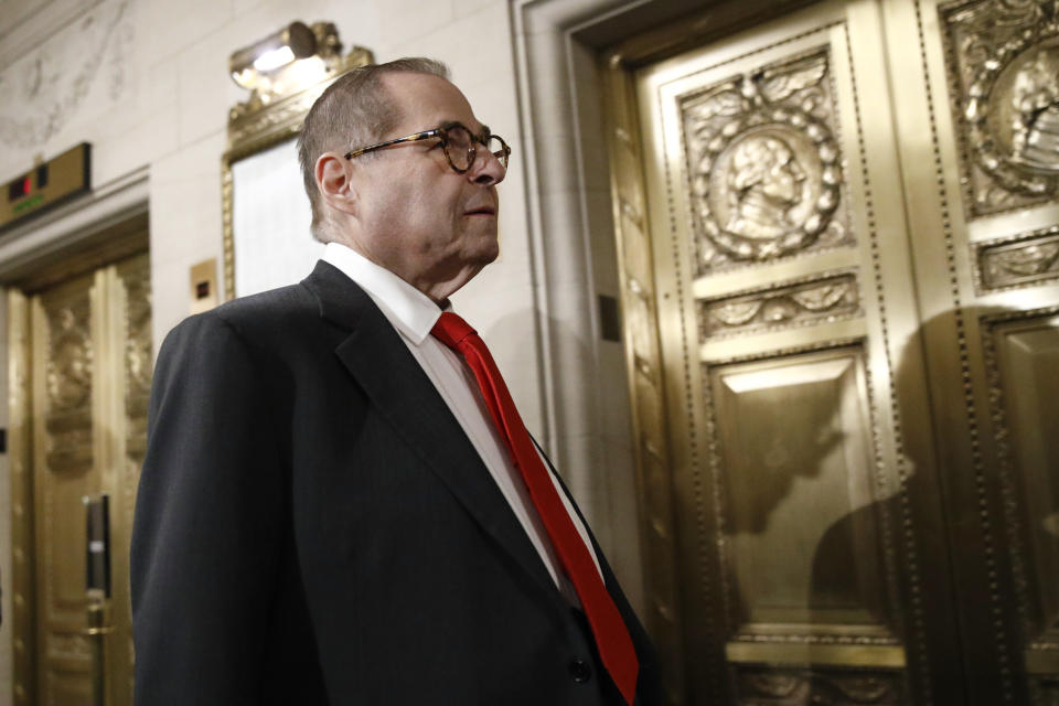 House Judiciary Committee Chairman Jerrold Nadler, D-N.Y., departs after the House Judiciary Committee heard investigative findings in the impeachment inquiry of President Donald Trump, Monday, Dec. 9, 2019, on Capitol Hill in Washington. (AP Photo/Patrick Semansky)