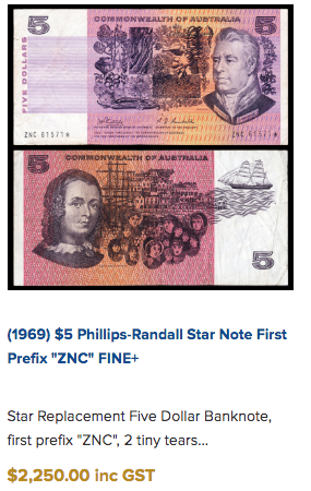 A 1969 Philips-Randall $5 note is selling for a whopping $2,250. Source: M.R Roberts Wynyard Coins. 