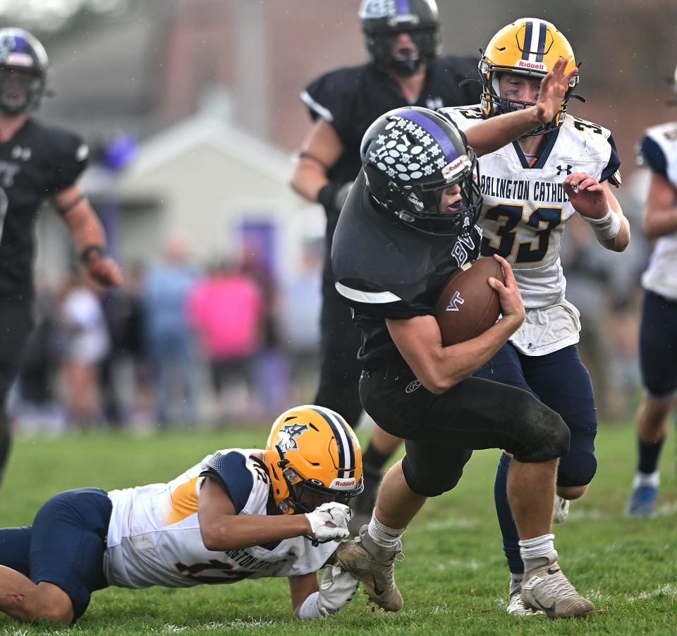 Blackstone Valley Tech's Adam Fransen carries for yardage in the second half against Arlington Catholic in a Division 6 first-round game in Upton.