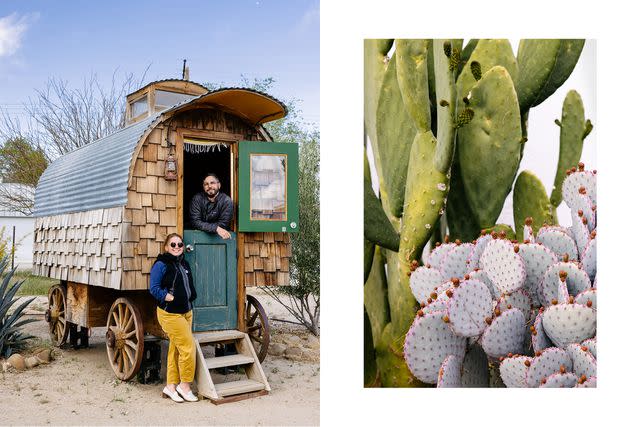<p>Jessica Sample</p> From left: Em Johnson and Jack Forinash, directors of the Blue Sky Center, a community-development organization in the Cuyama Valley; cacti on the grounds of the center.