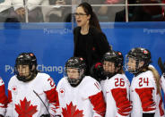 Ice Hockey - Pyeongchang 2018 Winter Olympics - Women's Semifinal Match - Canada v Olympic Athletes from Russia - Gangneung Hockey Centre, Gangneung, South Korea - February 19, 2018 - Head coach Laura Schuler of Canada directs her players. REUTERS/Grigory Dukor