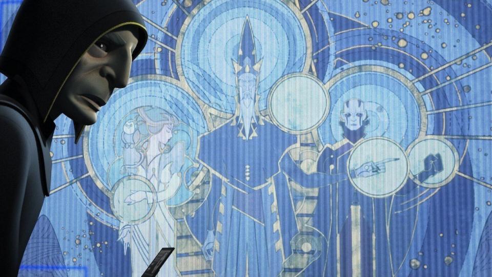 Hydan with his black hood stand sin front of a painting of the Mortis gods on Star Wars Rebels