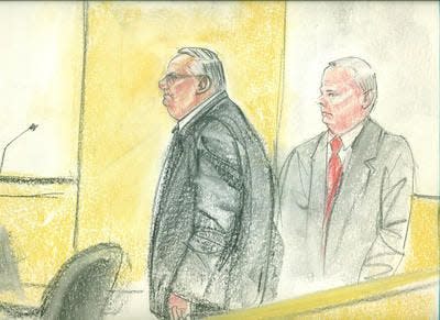 An artist’s sketch depicts Maricopa County Sheriff Joe Arpaio (left) and attorney Mel McDonald in U.S. District Court in December 2014.