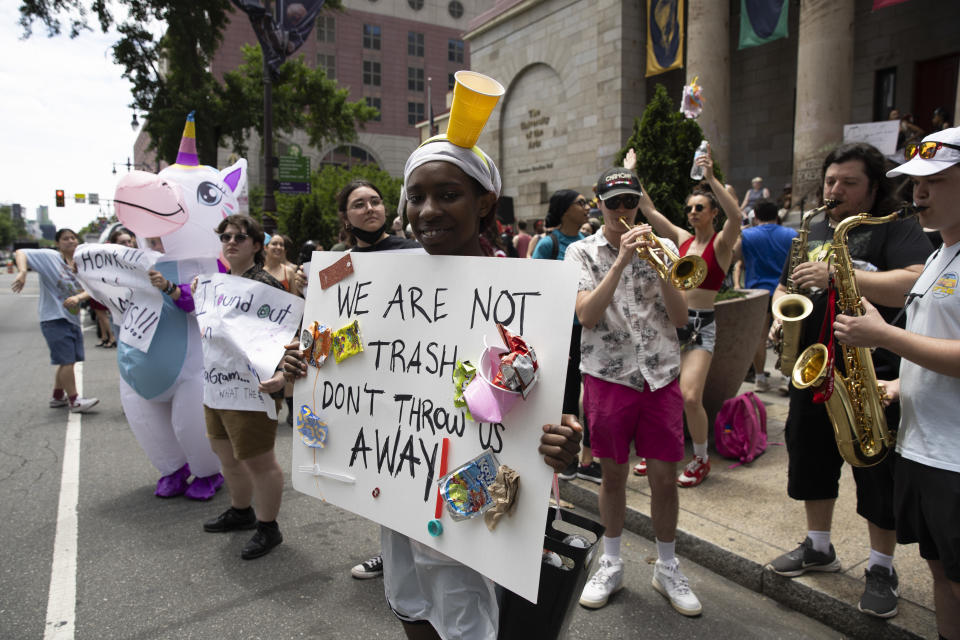 Milett Turner, class of 2027 dance major, protests outside of Hamilton Hall in Philadelphia on Monday, June 3, 2024. The University of the Arts announced abruptly on May 31 that it would be closing. (Monica Herndon/The Philadelphia Inquirer via AP)