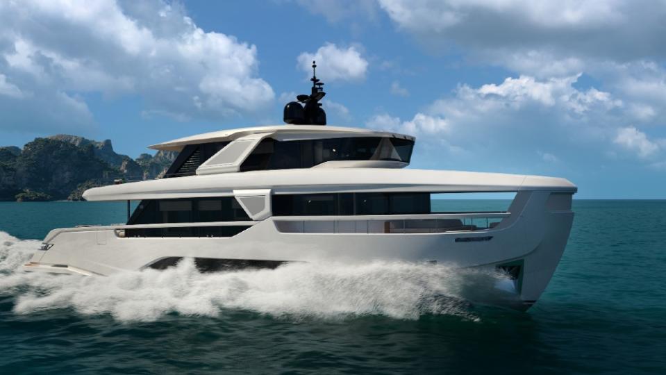 The Ferretti InFYnito 90 superyacht has some novel designs like a covered but open bow area. 