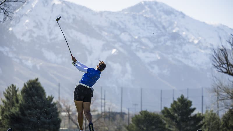 A member of BYU’s women’s golf team tees off during the 2023 Riverside Classic.
