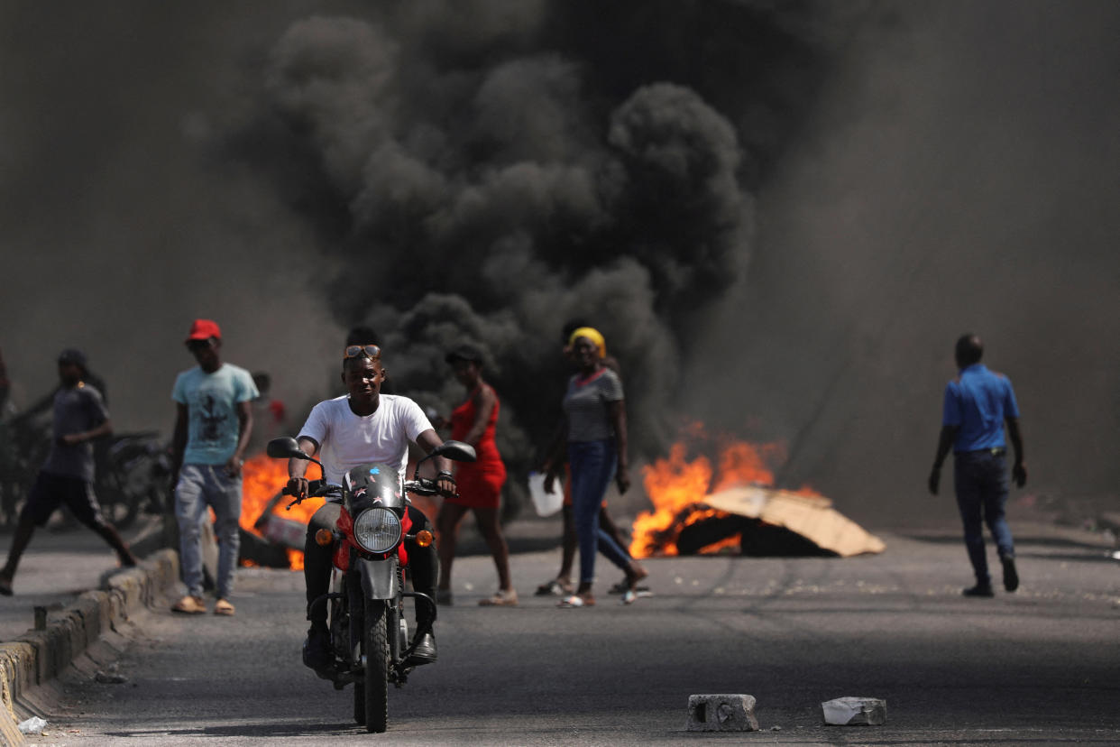 A burning barricade during a protest in Port-au-Prince, Haiti