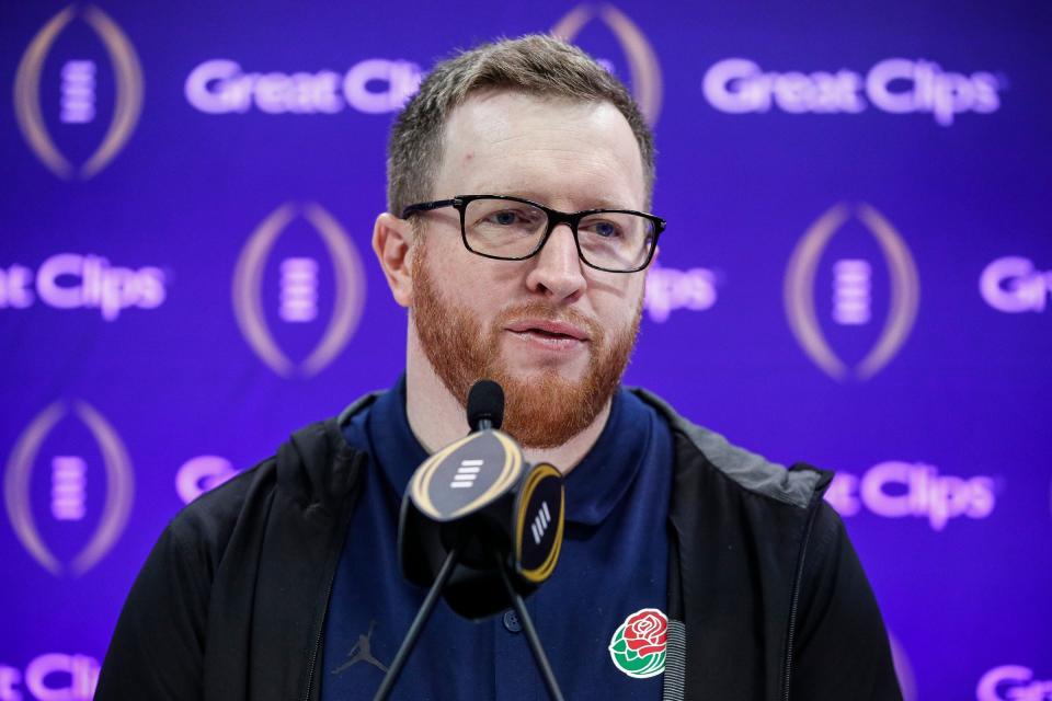Michigan special teams coordinator Jay Harbaugh speaks during national championship game media day at George R. Brown Convention Center in Houston, Texas on Saturday, Jan. 6, 2024.