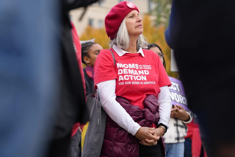 Gun control activists rally outside the Supreme Court on Washington on Tuesday, Nov. 7, 2023. The court will hear arguments in the case, U.S. v. Rahimi, about a challenge to a federal law that prohibits people from having guns if they are under a court order to stay away from their spouse, partner or other family members.