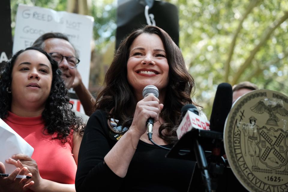 SAG-AFTRA President Fran Drescher addresses picketers at New York City Hall on Tuesday as members of the actors SAG-AFTRA union continue to walk the picket line with screenwriters outside of major studios across the country