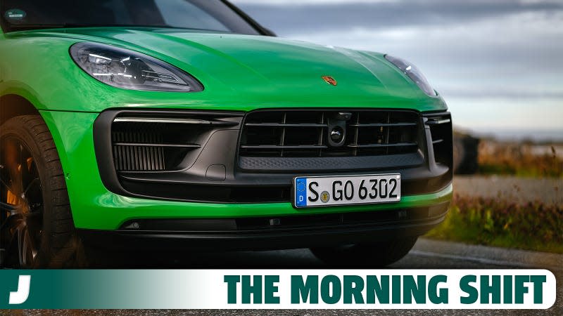 Close up of the front of a Porsche Macan with a "Morning Shift" banner over top