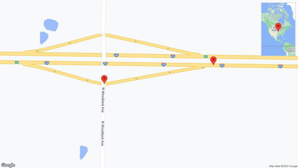 A detailed map that shows the affected road due to 'Kansas City: North Woodland Avenue closed' on September 23rd at 3:49 p.m.