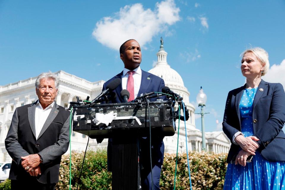 PHOTO: Rep. John James, R-Mich., speaks alongside Former race car driver Mario Andretti, left, and Rep. Victoria Spartz, R-Ind., during a news conference, May 1, 2024, in Washington. (Anna Moneymaker/Getty Images)