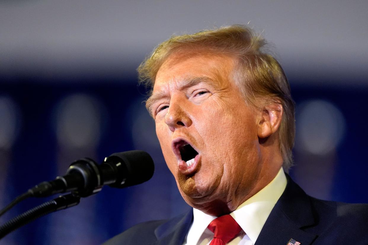 Republican presidential candidate former President Donald Trump speaks at a Get Out The Vote rally at Coastal Carolina University in Conway, S.C., Saturday, Feb. 10, 2024. (AP Photo/Manuel Balce Ceneta)