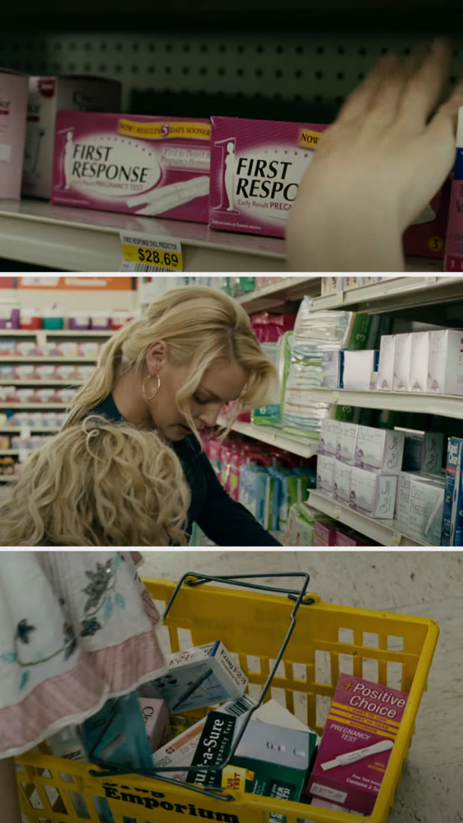 her shopping and getting a bunch of pregnancy tests