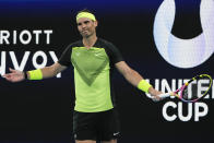 Spain's Rafael Nadal reacts after losing a point during his Group D match against Britain's Cameron Norrie at the United Cup tennis event in Sydney, Australia, Saturday, Dec. 31, 2022. (AP Photo/Mark Baker)