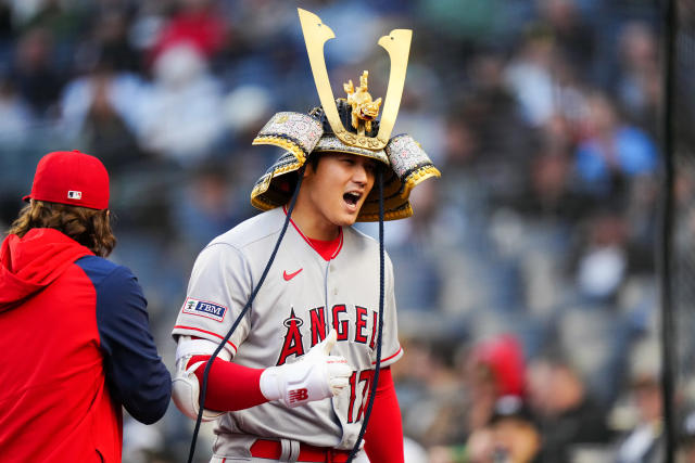 Shohei Ohtani of the Los Angeles Angels puts on a samurai warrior