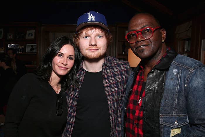 (L-R) Courteney Cox, Ed Sheeran, and Randy Jackson attend Rock4EB! 2015