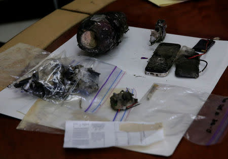 Parts of an improvised Explosive Device (IED) found near the U.S Embassy is presented to the members of the media during a press conference at the Manila Police District (MPD) headquarters in metro Manila, Philippines November 28, 2016. REUTERS/Romeo Ranoco