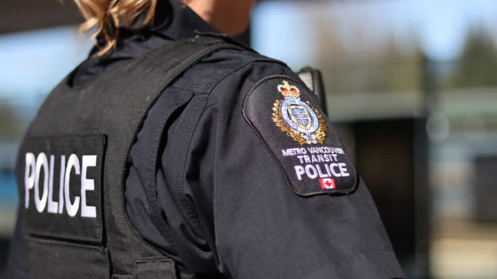 In a statement, Metro Vancouver Transit Police said a man has been arrested and charged after a man was shoved and fell headfirst into a SkyTrain.  (Metro Vancouver Transit Police - image credit)