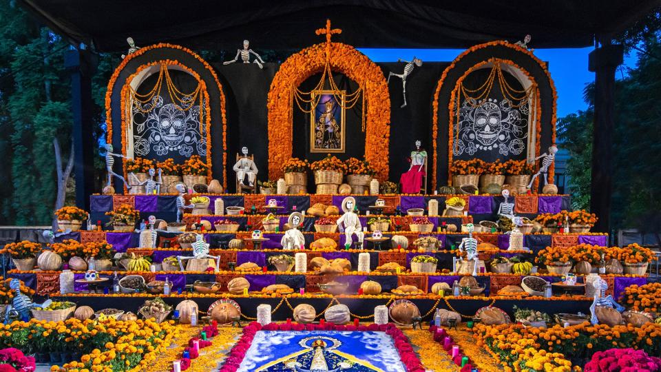 This is a a Day of the Dead altar at a public shrine in the historic city center of Oaxaca, Mexico.