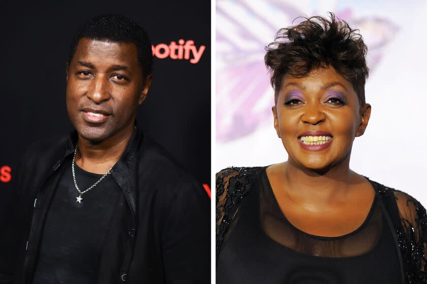 Left: FILE - Kenneth "Babyface" Edmonds appears at the Secret Genius Awards in Los Angeles on Nov. 1, 2017. The R&B legend will perform "America the Beautiful" while country singer Chris Stapleton will sing the national anthem at the Super Bowl. (Photo by Richard Shotwell/Invision/AP, File) Right: FILE - In this June 26, 2011 file photo, Anita Baker appears at the BET Awards in Los Angeles. Baker will be honored at the 2018 BET Awards on Sunday. (AP Photo/Chris Pizzello, File)