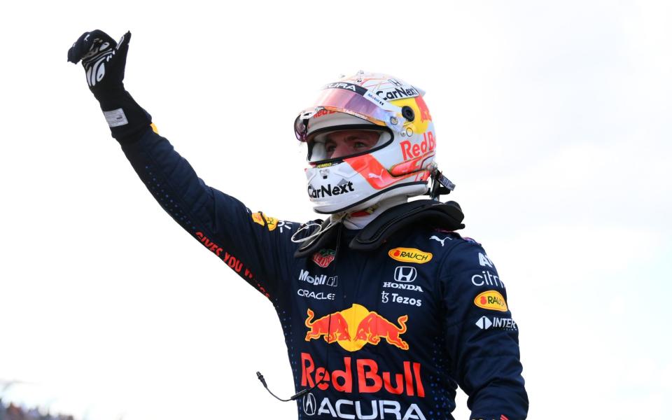 Pole position qualifier Max Verstappen of Netherlands and Red Bull Racing celebrates in parc ferme during qualifying ahead of the F1 Grand Prix of USA at Circuit of The Americas on October 23, 2021 in Austin, Texas - Clive Mason - Formula 1/Formula 1 via Getty Images