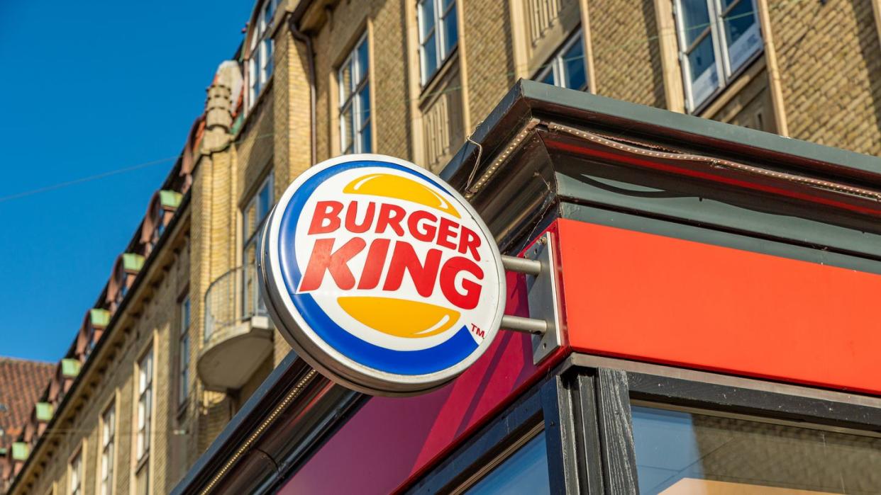 signboard of burger king restaurant on the building in aarhus, denmark