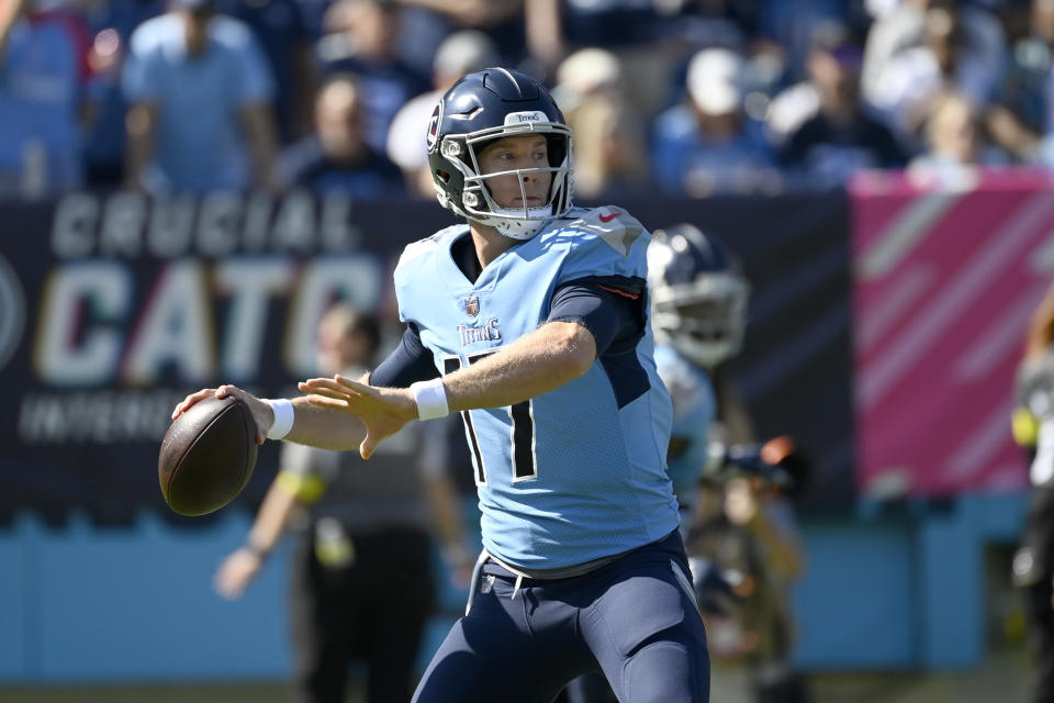 Tennessee Titans quarterback Ryan Tannehill throws during the first half of an NFL football game against the Indianapolis Colts Sunday, Oct. 23, 2022, in Nashville, Tenn. (AP Photo/Mark Zaleski)