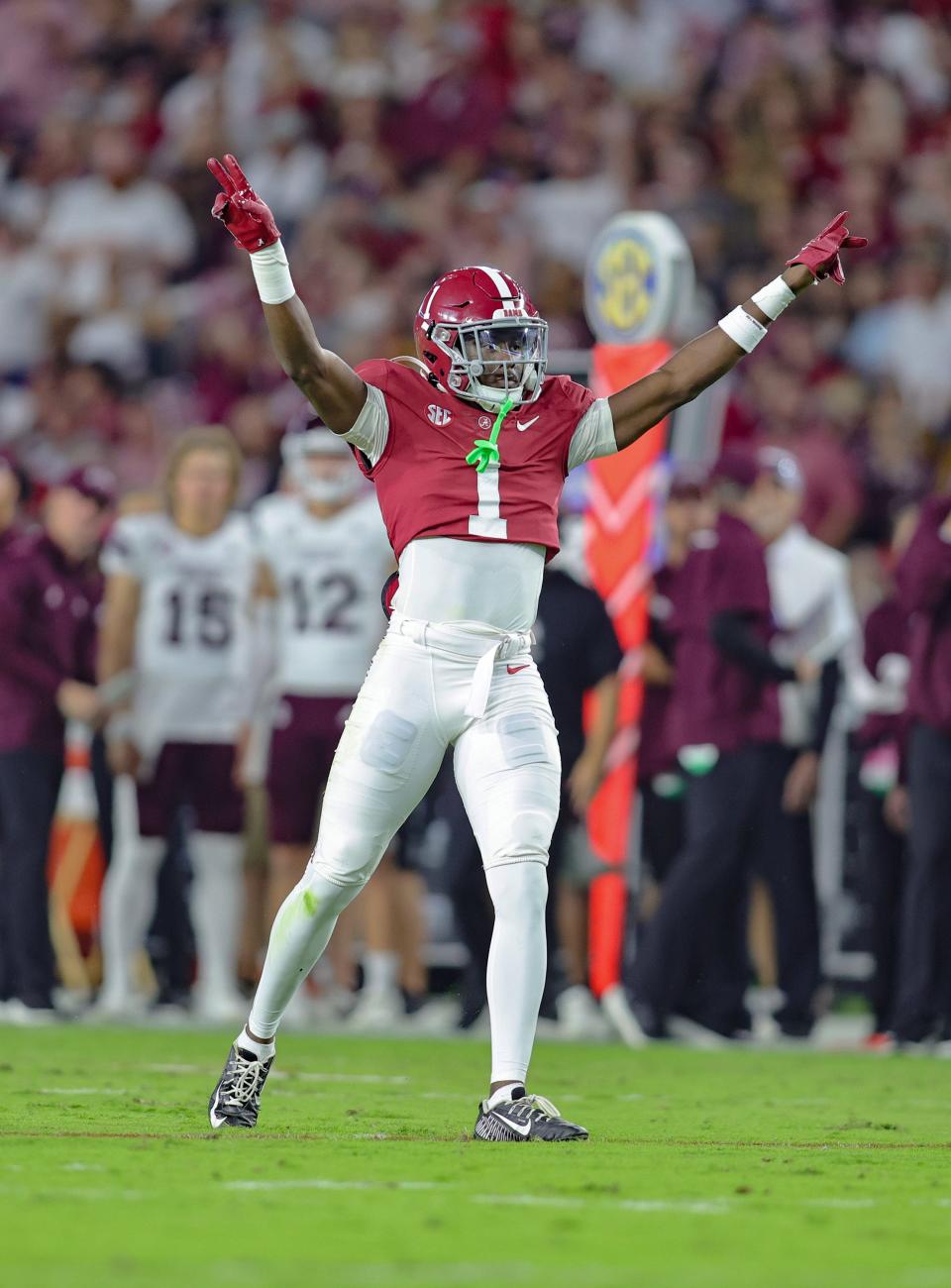 TUSCALOOSA, AL - OCTOBER 22: Kool-Aid McKinstry #1 of the Alabama Crimson Tide celebrates a big defensive stop against the Mississippi State Bulldogs at Bryant-Denny Stadium on October 22, 2022 in Tuscaloosa, Alabama. (Photo by Brandon Sumrall/Getty Images)