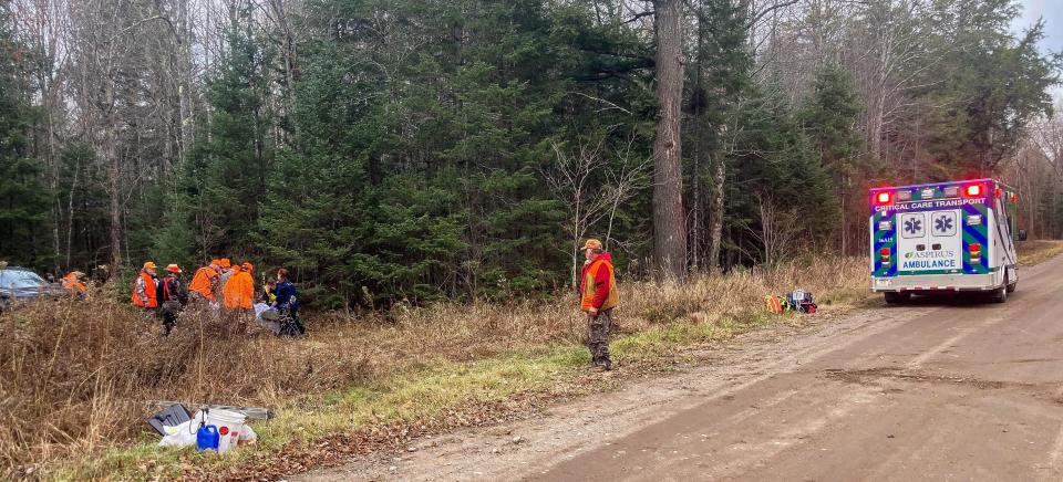 Wisconsin hunter Ed Mongin is rescued by Michigan DNR conservation officers, EMS personnel and his hunting group after suffering a severe head injury while hunting in Iron County, Michigan.