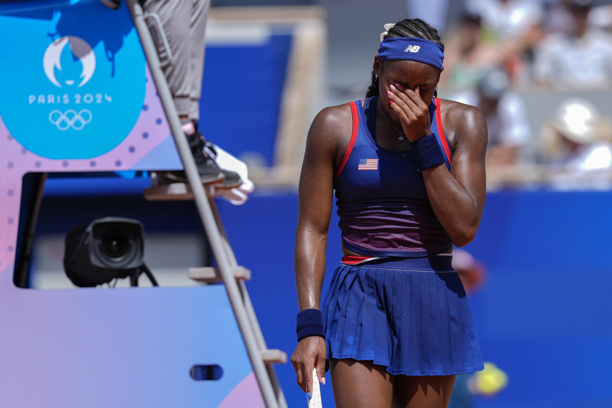 Coco Gauff of United States cries as she argues with umpire during her women's singles third round match against Donna Vekic of Croatia, at the 2024 Summer Olympics on July 30, 2024, at the Roland Garros stadium in Paris, France. (Andy Wong/AP)