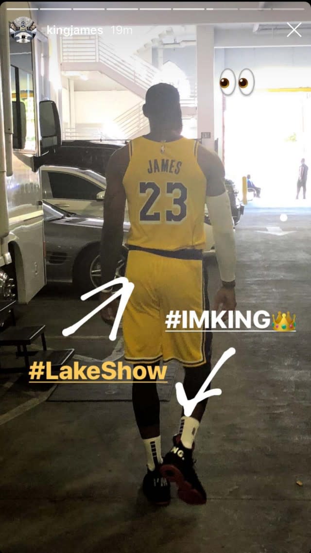 The NBA superstar took to his Instagram Story on Wednesday rocking gold and purple -- and an interesting pair of Nikes.