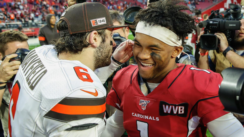 GLENDALE, AZ - DECEMBER 15:  Cleveland Browns quarterback Baker Mayfield (6) and Arizona Cardinals quarterback Kyler Murray (1) greet after the NFL football game between the Cleveland Browns and the Arizona Cardinals on December 15, 2019 at State Farm Stadium in Glendale, Arizona. (Photo by Kevin Abele/Icon Sportswire via Getty Images)