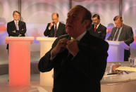 BBC journalist Andrew Neil (front) and (left to right) Business Secretary Lord Mandelson, Scottish National Party Business Secretary John Swinney, Liberal Democrat Shadow Business Secretary John Thurso, and Conservative Shadow Business Secretary Ken Clarke ahead of recording BBC2's Election Daily Politics Debate, at Millbank Studios, in Westminster, London.