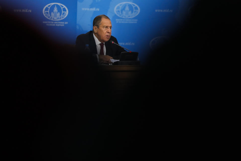 Russian Foreign Minister Sergey Lavrov speaks about his department's 2018 accomplishments during his annual roundup news conference in Moscow, Russia, Wednesday, Jan. 16, 2019. Russia's foreign minister says that the U.S. has ignored Moscow's proposal to inspect a Russian missile that Washington says has violated a nuclear arms treaty. (AP Photo/Pavel Golovkin)