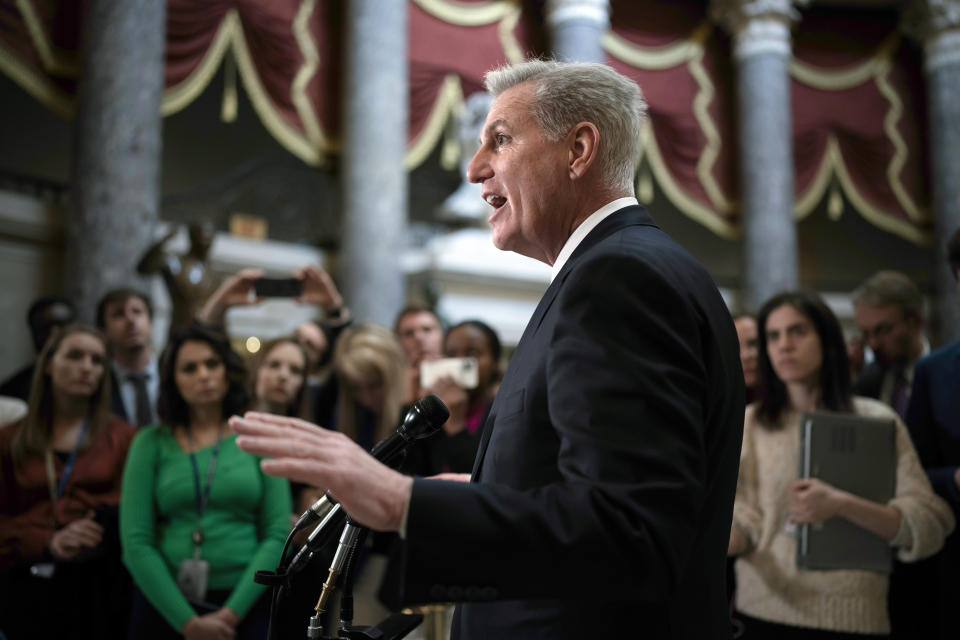 Speaker of the House Kevin McCarthy, R-Calif., speaks to reporters just after the new House Republican majority ousted Democratic Rep. lhan Omar, a Somali-born Muslim from Minnesota, from the House Foreign Affairs Committee, at the Capitol in Washington, Thursday, Feb. 2, 2023. (AP Photo/J. Scott Applewhite)