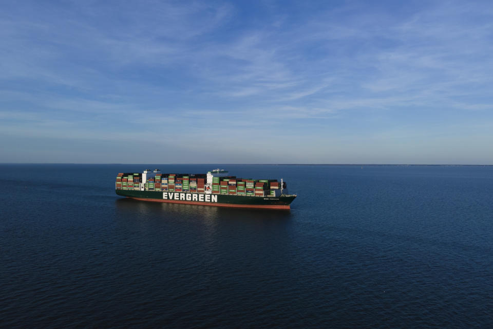 The container ship Ever Forward, which ran aground in the Chesapeake Bay off the coast near Pasadena, Md., the night before, is seen Monday, March 14, 2022. (AP Photo/Julio Cortez)