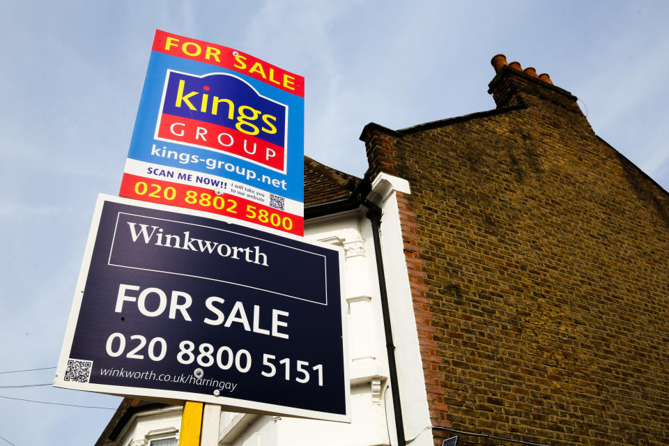 Estate agents property for sale boards on display outside a residential property in north London. The number of house sales increased in August 2019 according to Rightmove, up 6.1\% a year earlier. (Photo by Dinendra Haria / SOPA Images/Sipa USA)