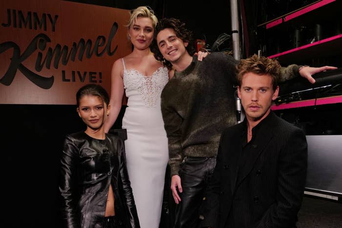 The four costars posing together on "Jimmy Kimmel Live"