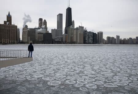 Charles Martinez looks over the partially frozen Lake Michigan and the Chicago skyline, January 5, 2015. REUTERS/Jim Young (UNITED STATES - Tags: ENVIRONMENT SOCIETY TPX IMAGES OF THE DAY)