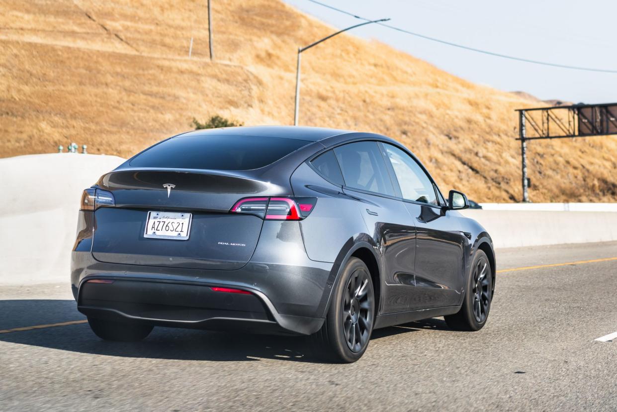 July 26, 2020 Fremont / CA / USA - Tesla Model Y travelling on the freeway in Silicon Valley; East San Francisco bay area