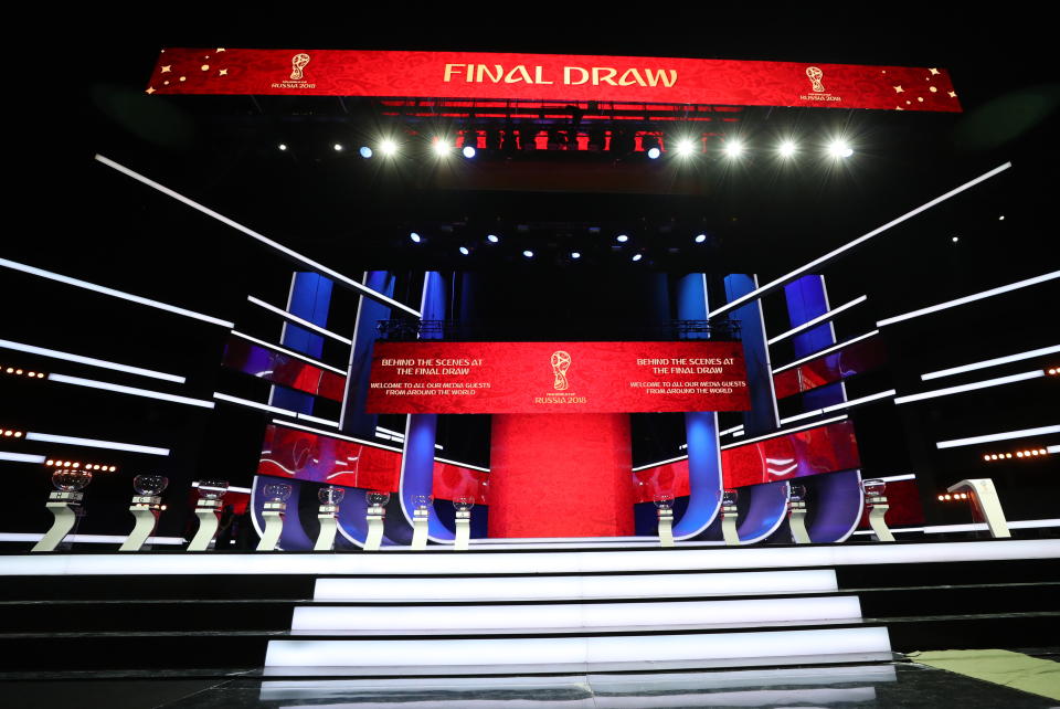 The stage is set – literally – for the 2018 World Cup Draw. (Getty)