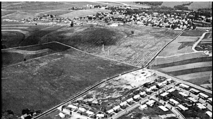 This 1961 aerial photograph shows Loucks Road running left to right before the Route 30 bypass came through. That's Fireside in the foreground and Interstate 83, fully opened two years earlier, can be seen at the top.