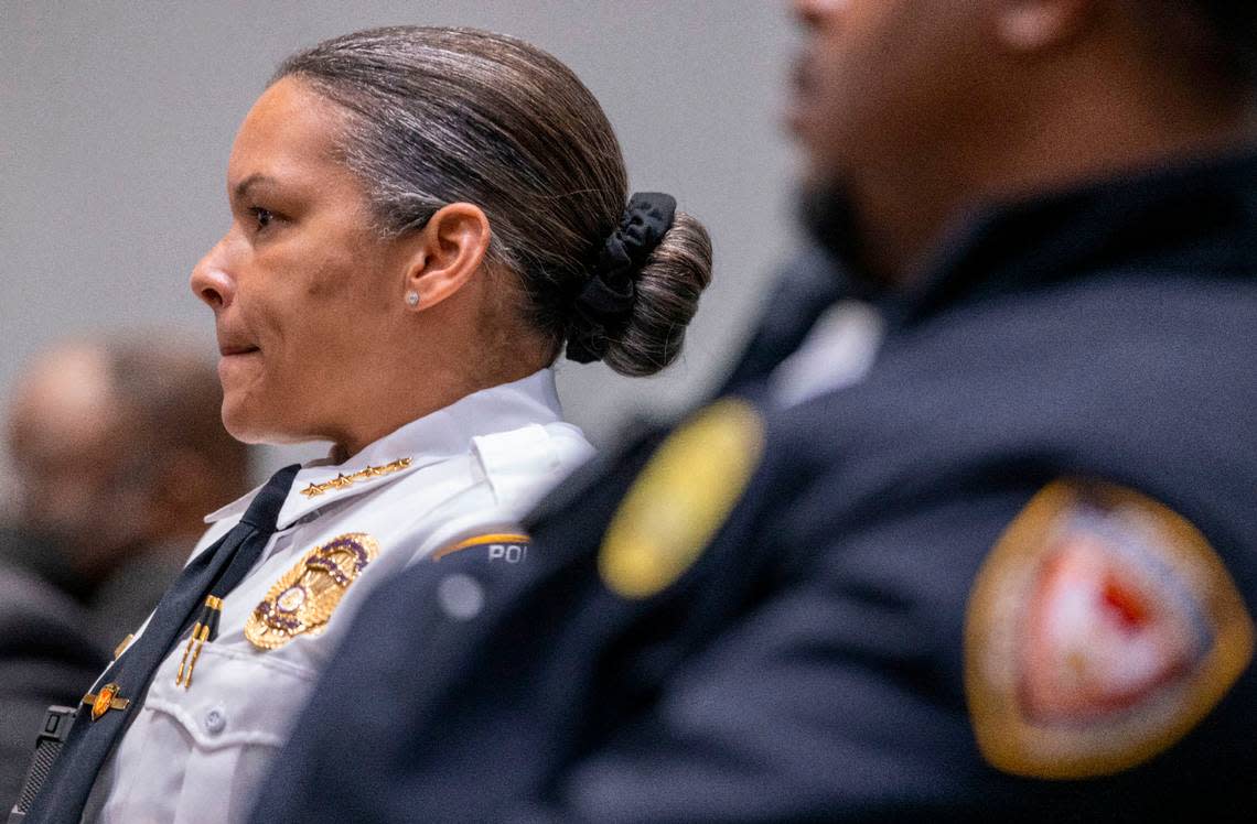 Durham Police Chief Patrice Andrews listens as Durham Mayor Elaine O’Neal delivers her ‘State of the City Address’ on Monday, April 18, 2022 at City Hall in Durham, N.C.