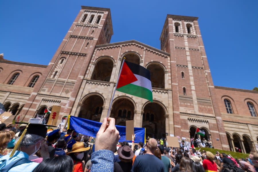 Los Angeles, CA – April 29: Pro-Palestinian demonstrators hold a student- faculty rally at Dickson Plaza at an encampment on the UCLA campus on Monday, April 29, 2024 in Los Angeles, CA. (Brian van der Brug / Los Angeles Times via Getty Images)