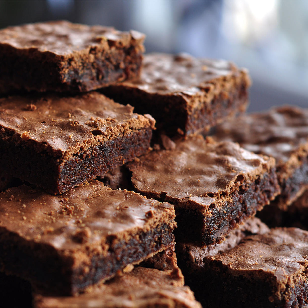 stack of thick fudgy brownies