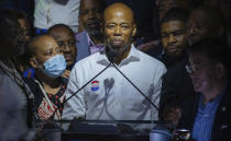 Democratic mayoral candidate Eric Adams speaks at his primary election night party Tuesday, June 22, 2021, in New York. (AP Photo/Kevin Hagen).