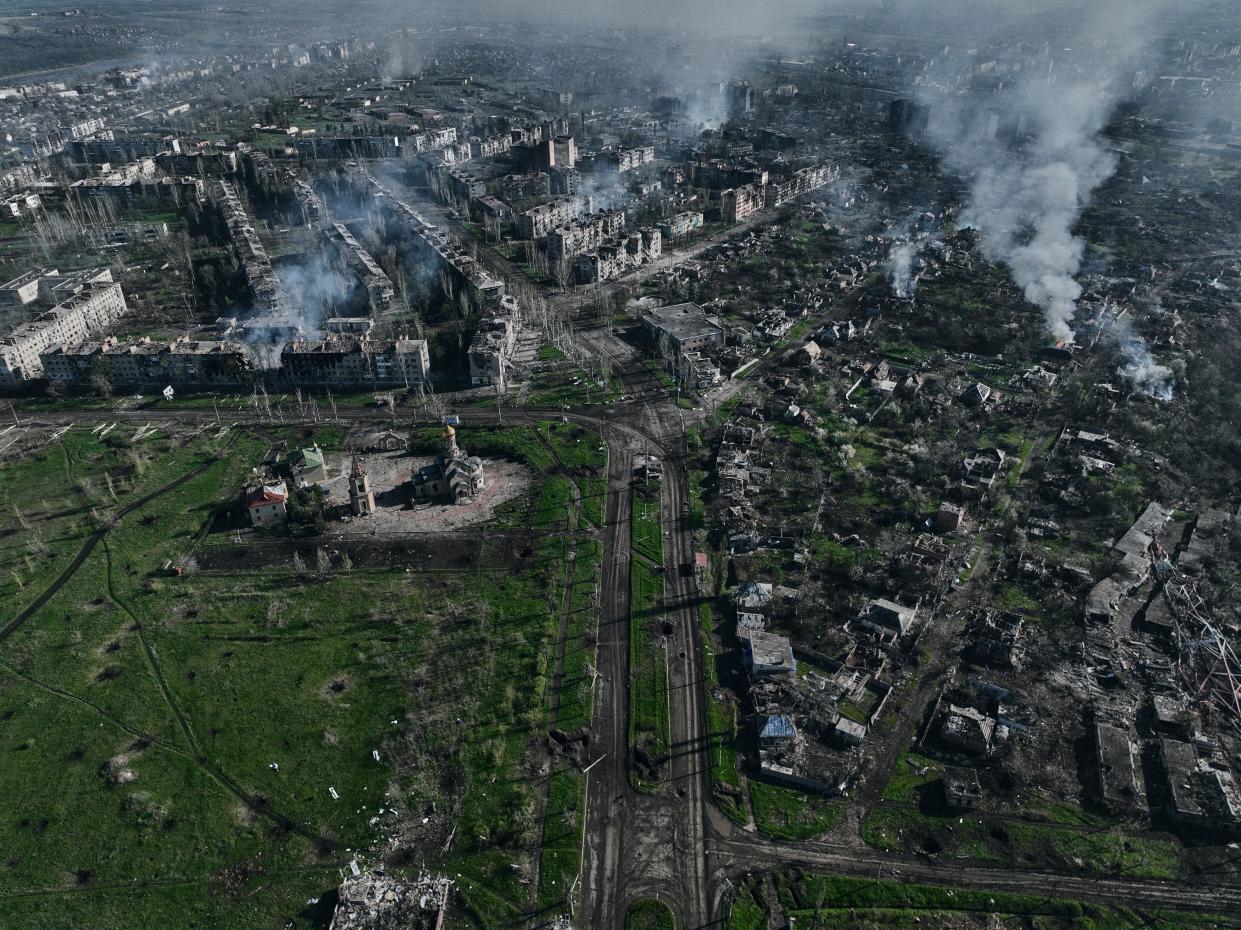 Smoke rises from buildings in this aerial view of Bakhmut (AP)